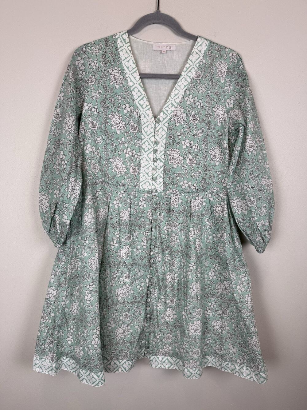 Marea Flora Solana Mini Dress Boho Flowy Floral Cotton Buttons Green White XS